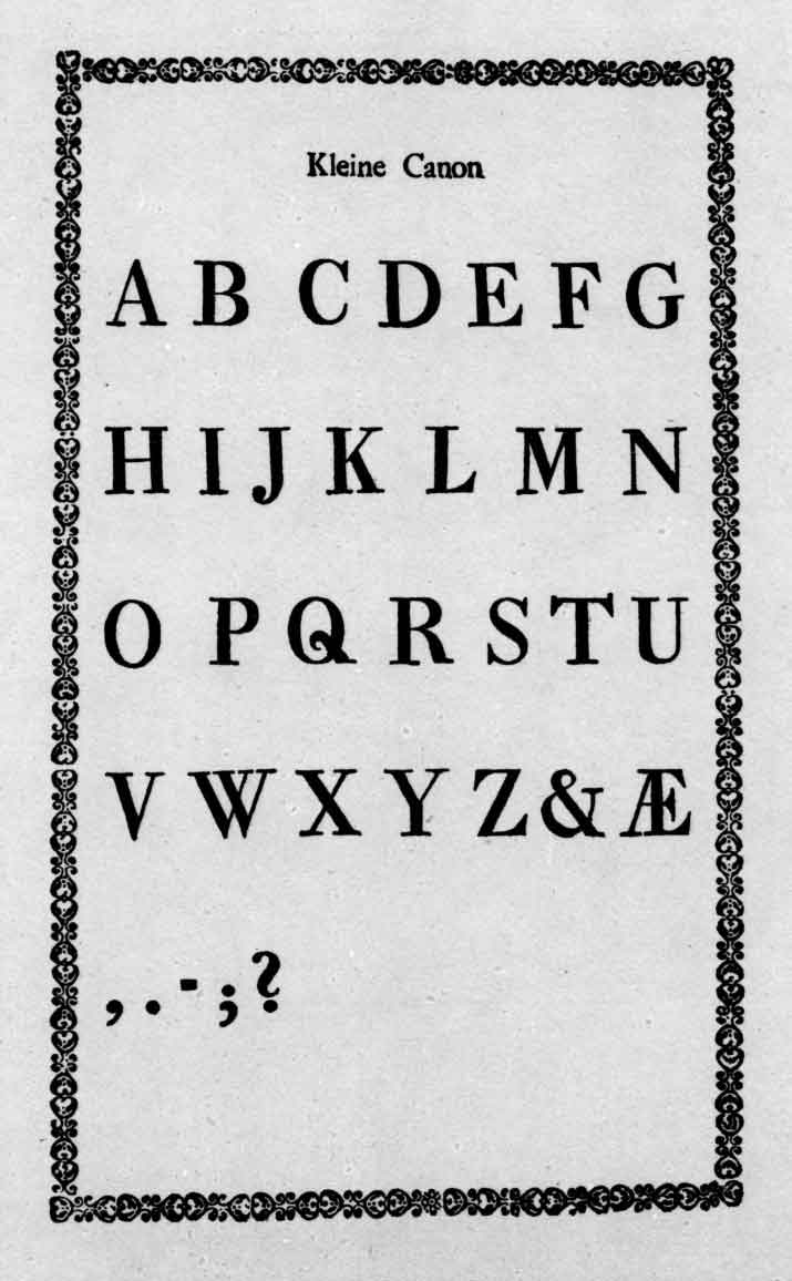 Шрифт малый канон латинского начертания из «Пробной книги...». Спб.: тип. Академии наук, 1748