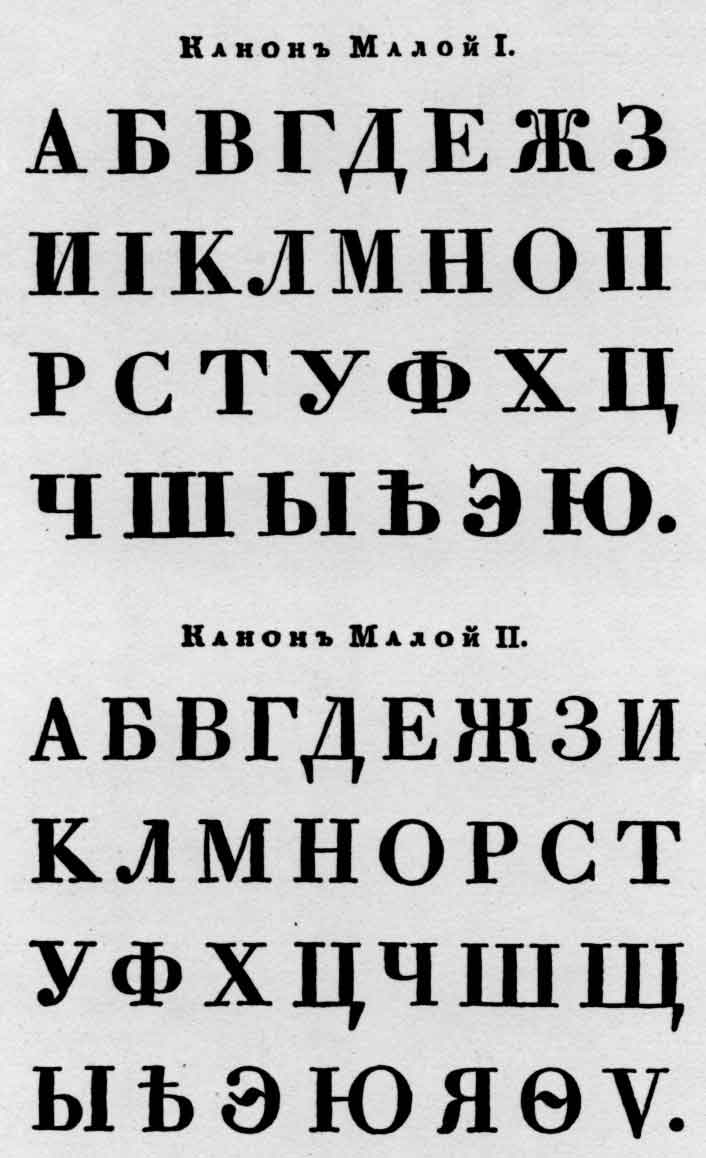 Шрифт канон малый в двух вариантах из книги образцов типографии С. Селивановского. М., 1826